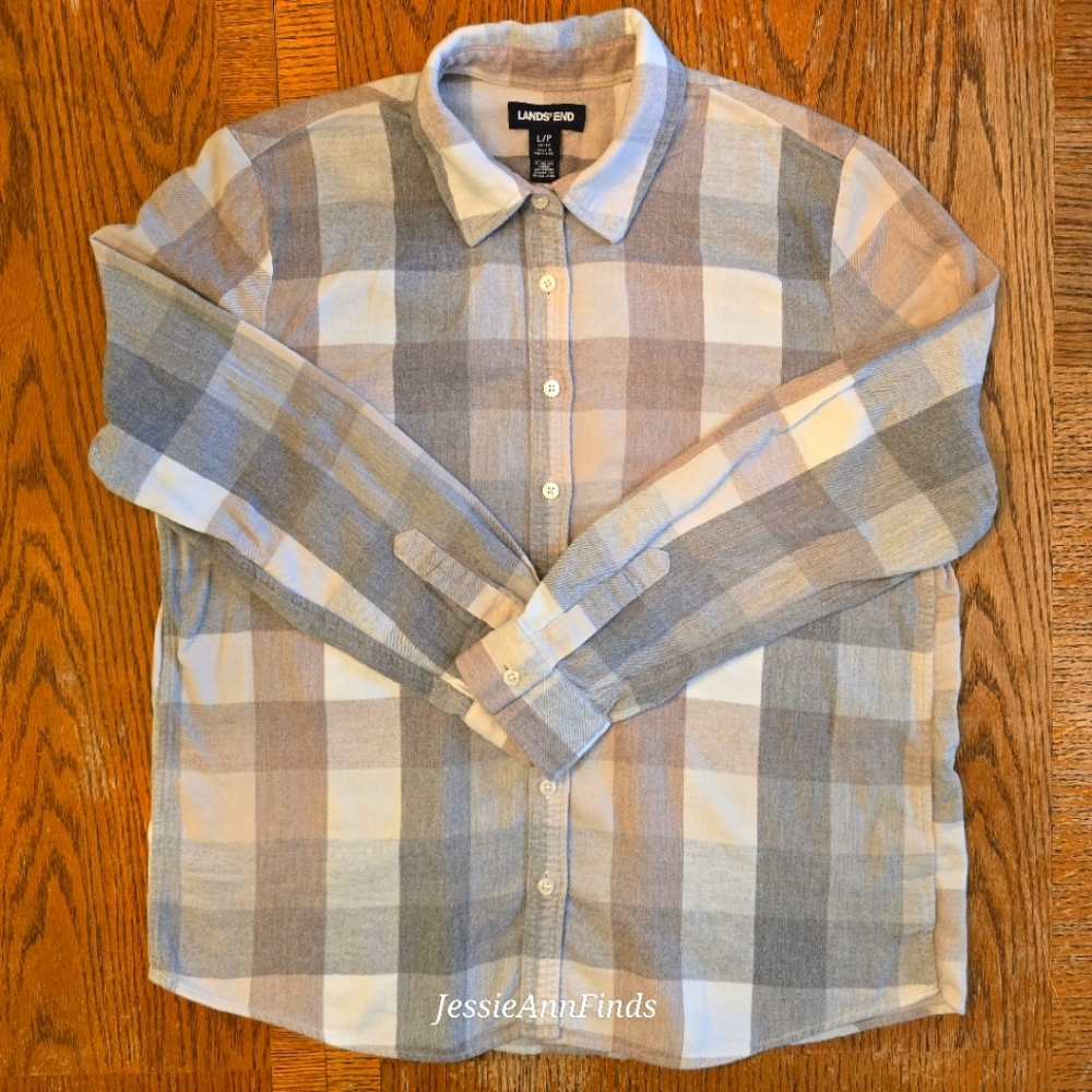 Lands' End Grey Tan White Bufflo Plaid Flannel Long Sleeve Shirt Women's Size LP